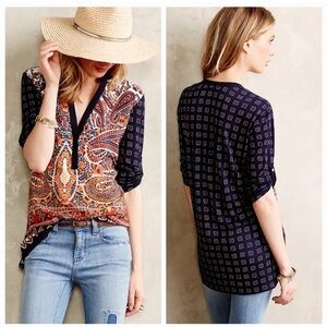 Anthropologie Tiny Persian Pear Ombre Paisley V-Neck 3/4 Sleeve Blouse